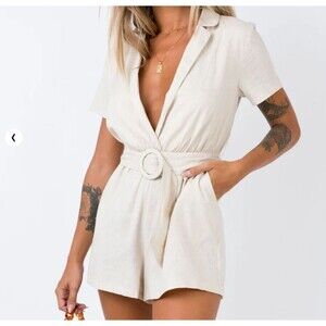 Princess Polly Turin Romper Beige Cotton Size 6 Belted Travel Quiet Luxury